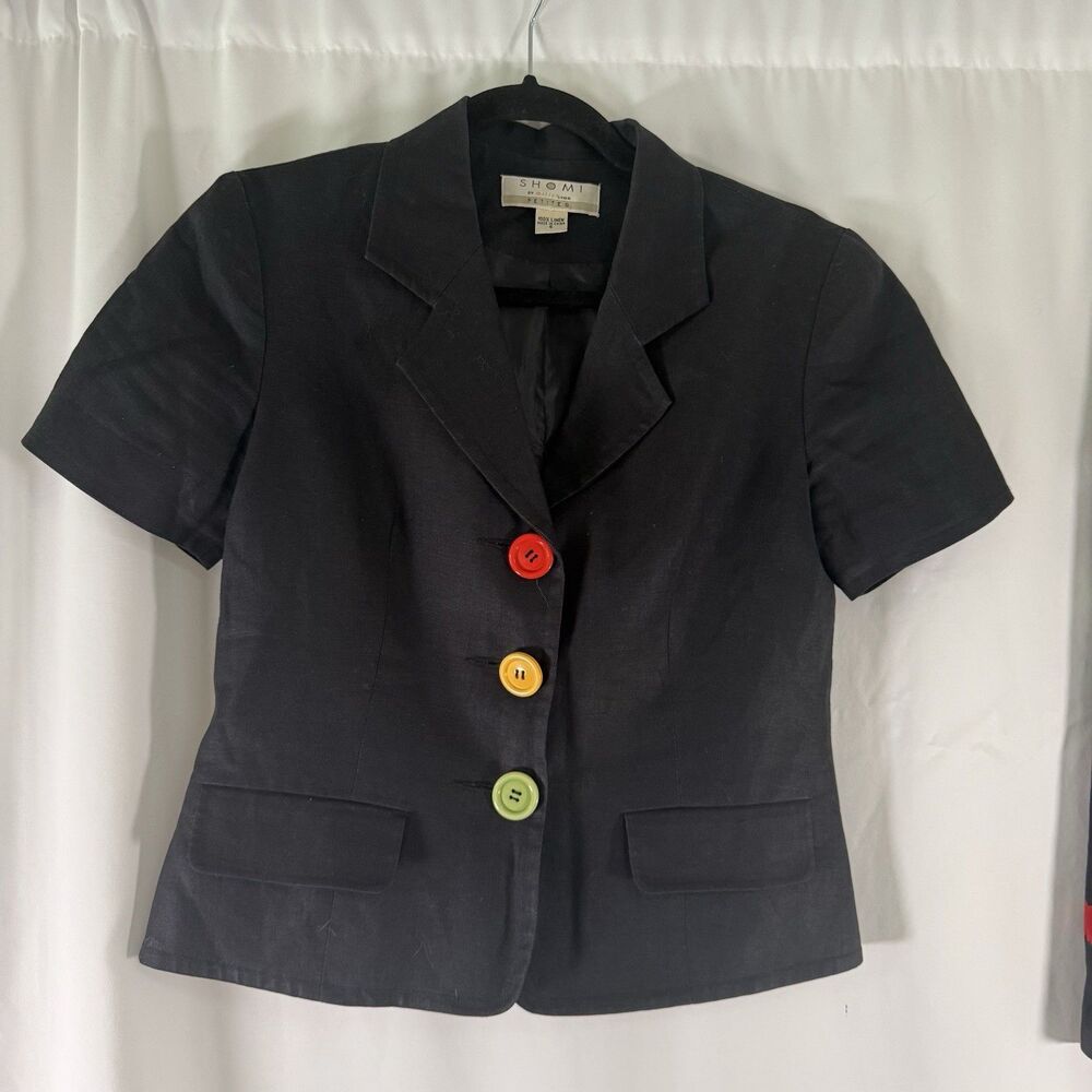 SHOMI by Miller Shor Linen Blazer Women's 6 Black 3 Button Front Short Sleeve